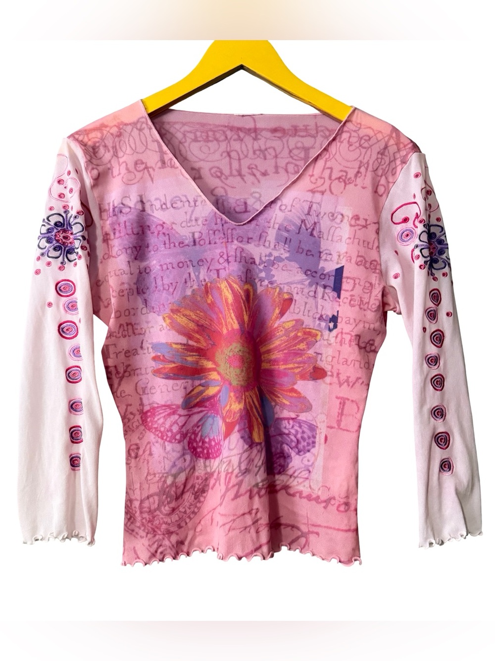 Y2K Pink & Purple Floral Sheer Top Embroidered Gems XL Teen Women’s / Small